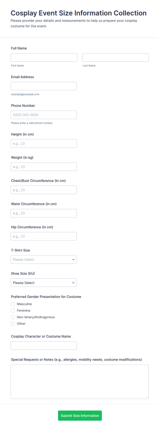 Cosplay Event Size Information Collection Form Template