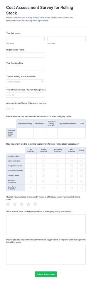 Cost Assessment Survey For Rolling Stock Form Template