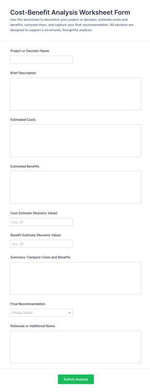 Cost Benefit Analysis Worksheet Form Template