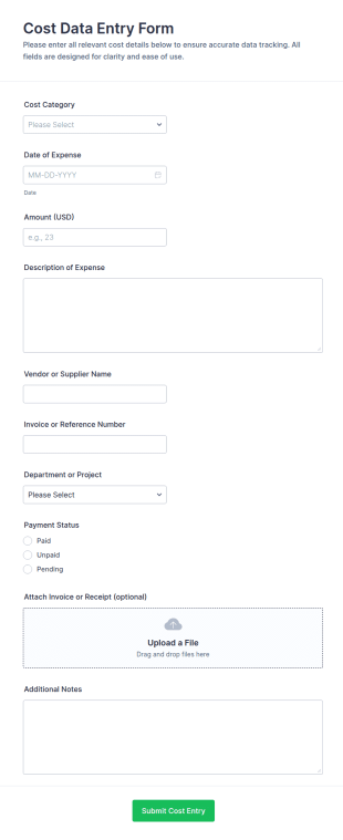 Cost Data Entry Form Template