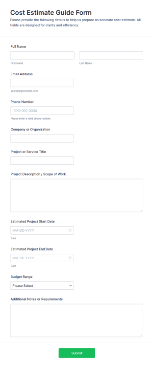 Cost Estimate Guide Form Template