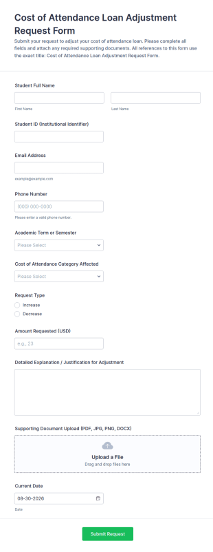 Cost Of Attendance Loan Adjustment Request Form Template