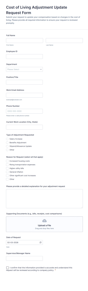 Cost Of Living Adjustment Update Request Form Template