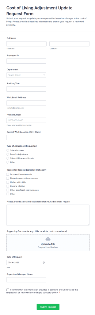 Cost Of Living Adjustment Update Request Form Template