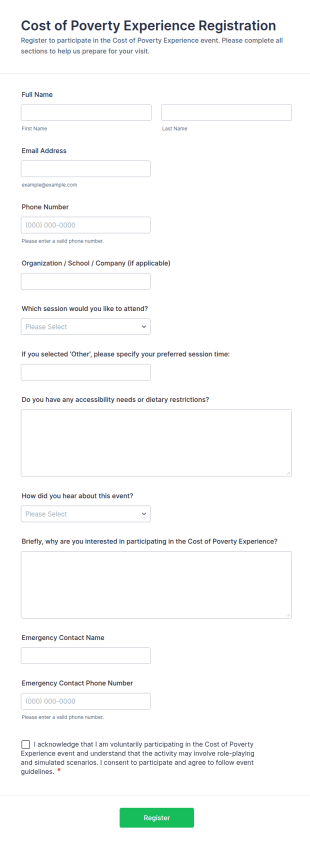 Cost Of Poverty Experience Registration Form Template