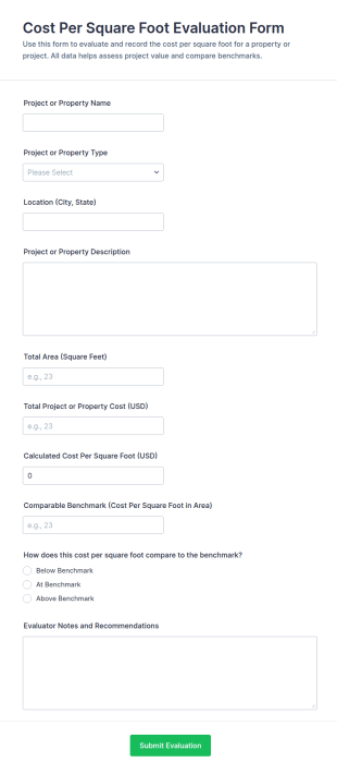 Cost Per Square Foot Evaluation Form Template
