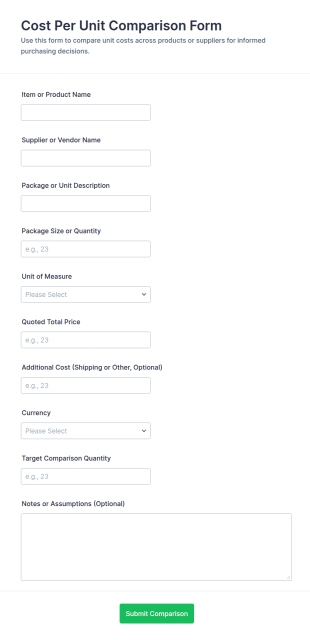 Cost Per Unit Comparison Form Template