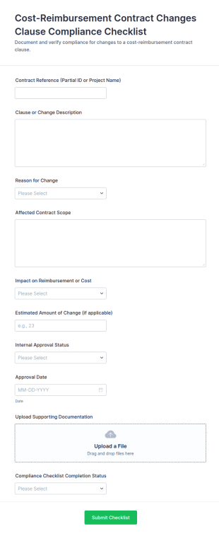 Cost Reimbursement Contract Changes Clause Compliance Checklist Form Template