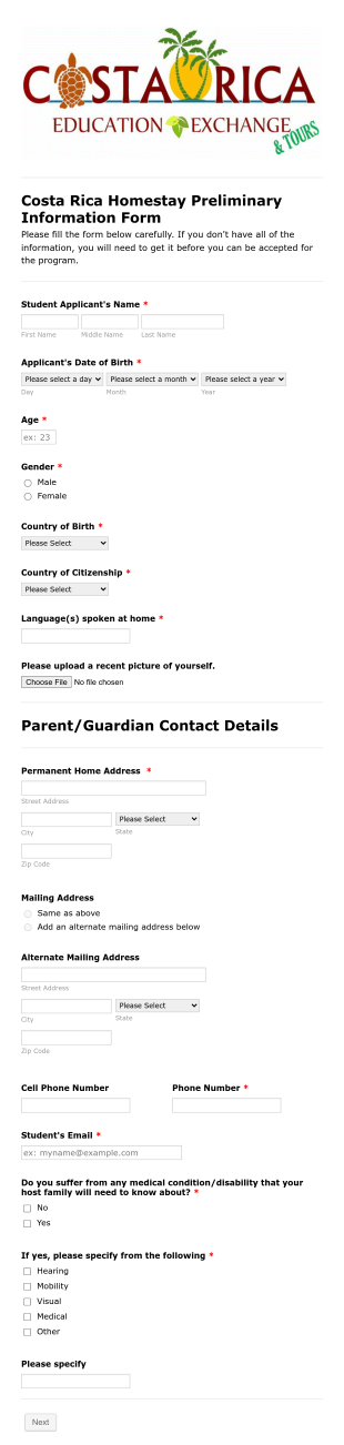 Student Exchange Application Form Template