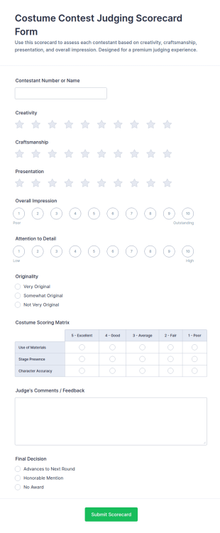 Costume Contest Judging Scorecard Form Template