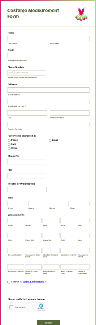 Costume Measurement Form Template