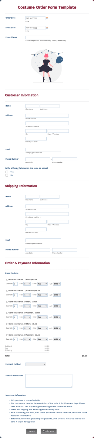 Costume Order Form Template