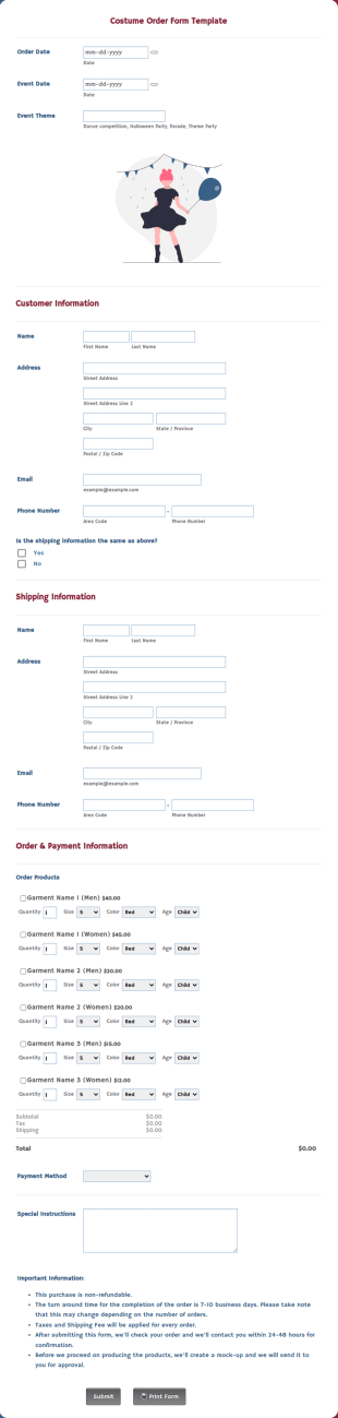 Costume Order Form Template