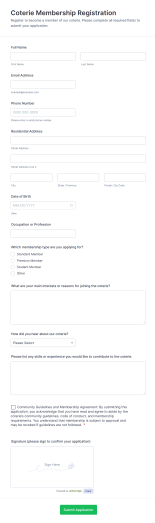 Coterie Membership Registration Form Template