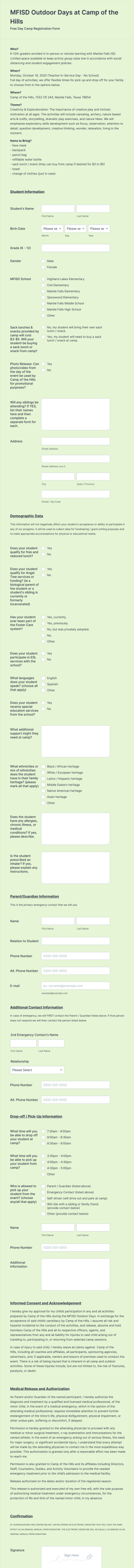 Outdoor Education Camp Registration Form Template