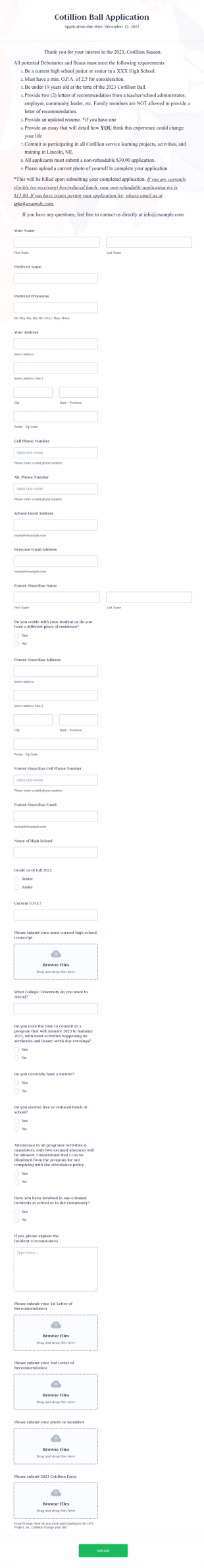 Cotillion Application Form Template