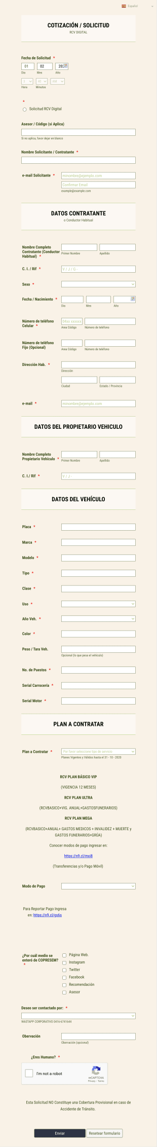 Cotización / Solicitud Rcv Digital Form Template