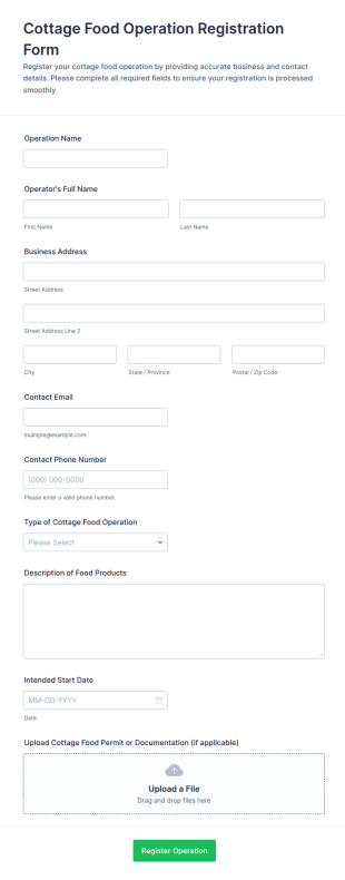 Cottage Food Operation Registration Form Template