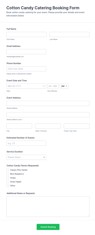 Cotton Candy Catering Booking Form Template