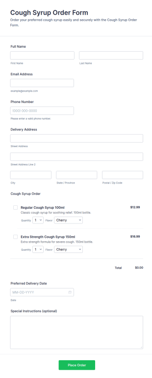 Cough Syrup Order Form Template