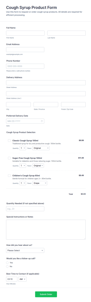 Cough Syrup Product Form Template