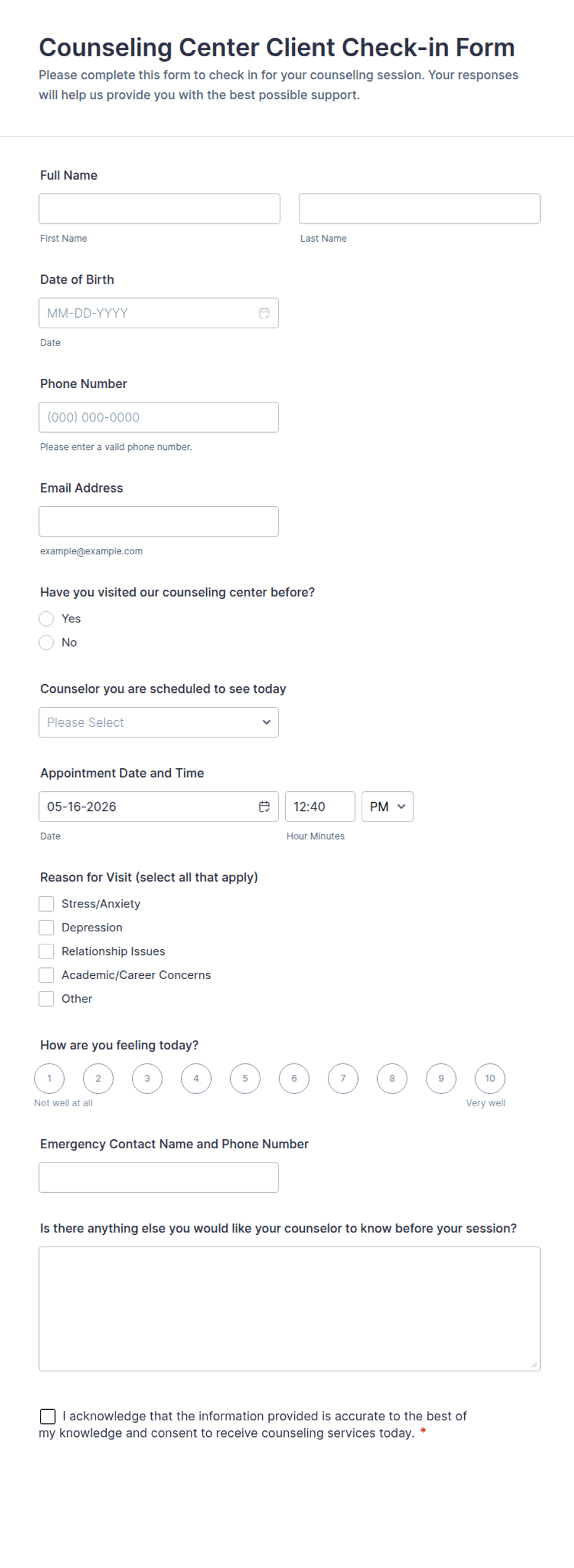 Counseling Center Client Check-in Form Template | Jotform