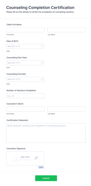 Counseling Completion Certification Form Template