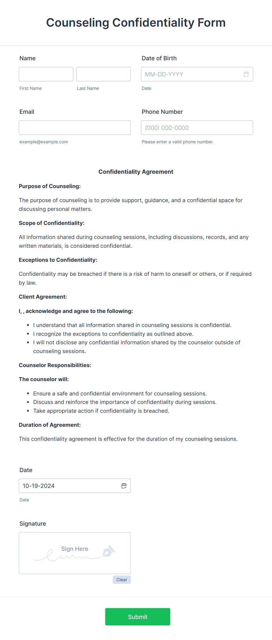 Counseling Confidentiality Form Template | Jotform