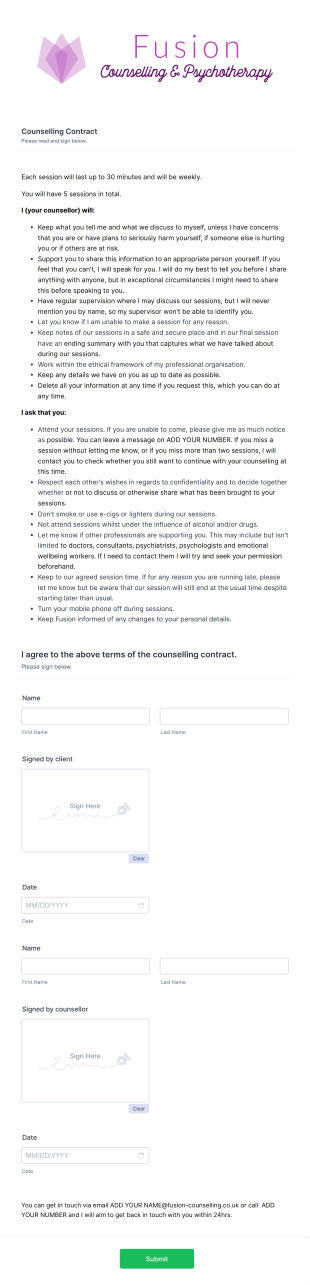 Counseling Contract Form Template