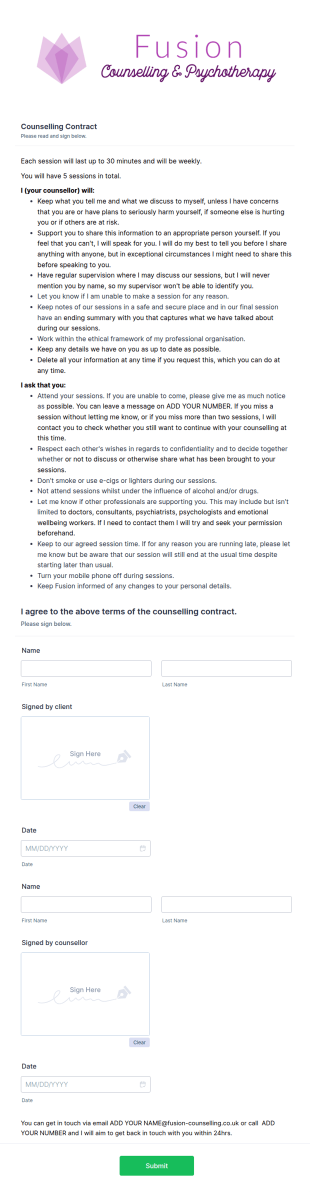 Counseling Contract Form Template