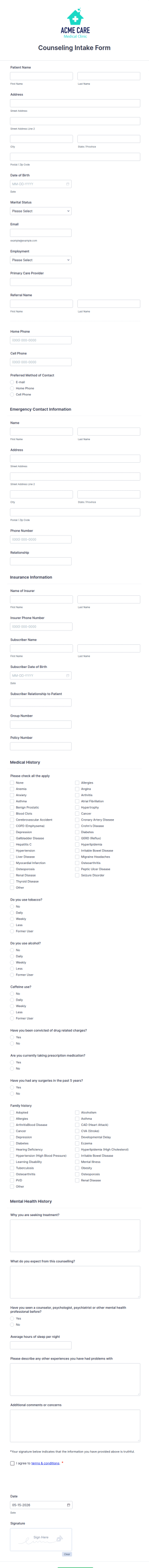 Counseling Intake Form Template