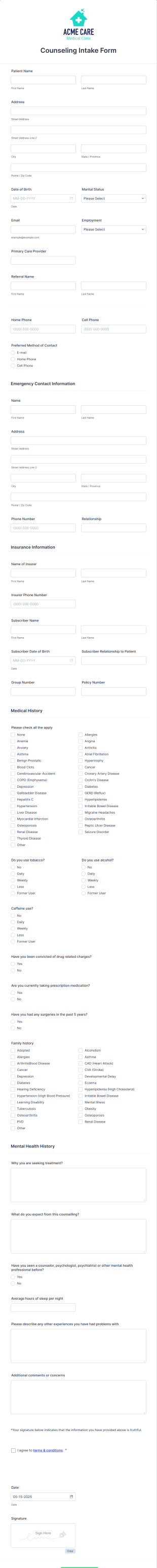 Counseling Intake Form Template