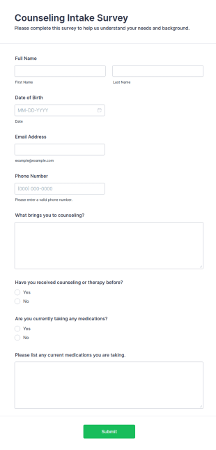 Counseling Intake Survey Form Template