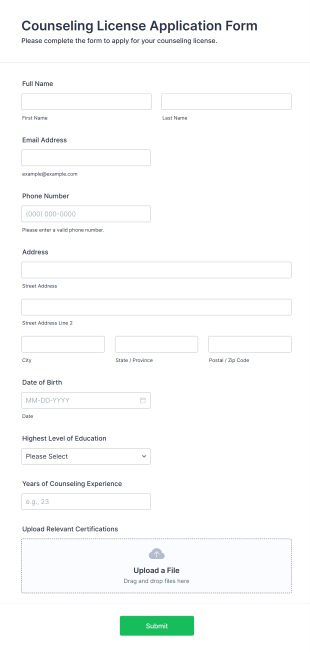 Counseling License Application Form Template