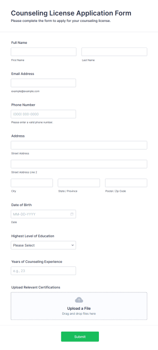 Counseling License Application Form Form Template