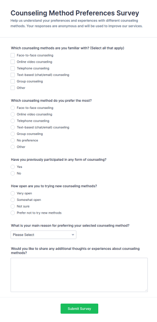 Counseling Method Preferences Survey Form Template