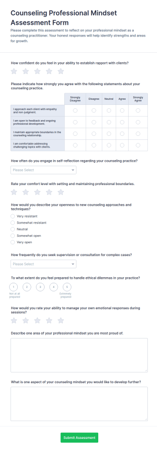 Counseling Professional Mindset Assessment Form Template