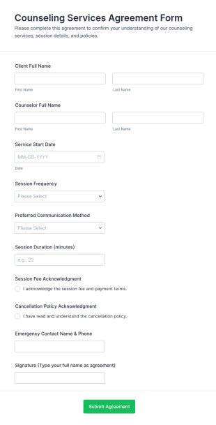 Counseling Services Agreement Form Template