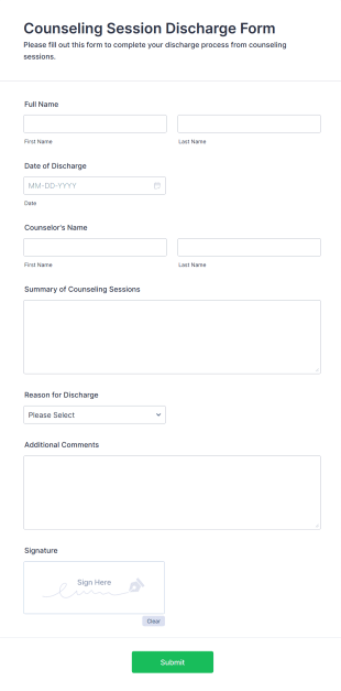Counseling Session Discharge Form Form Template