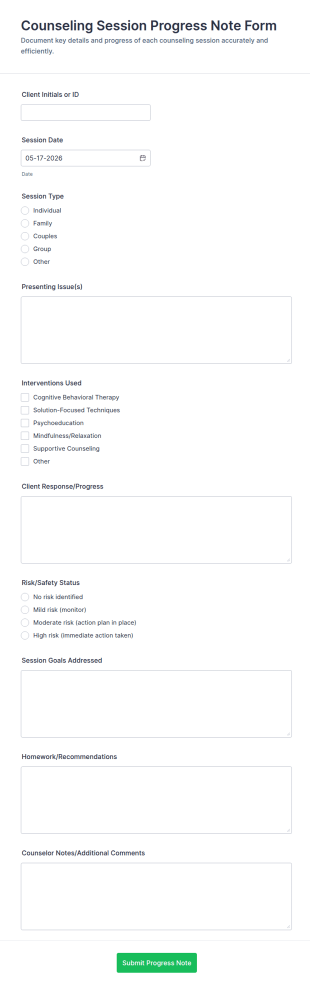 Counseling Session Progress Note Form Template