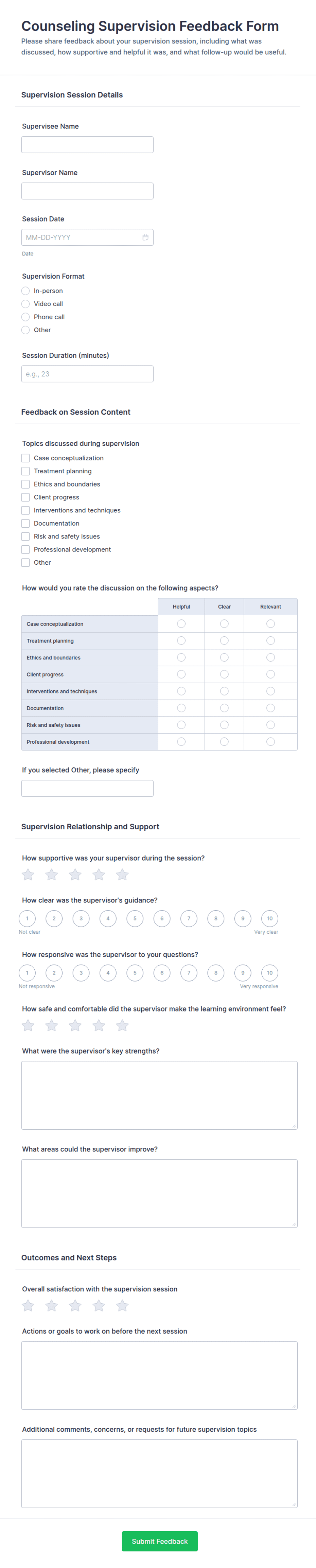 Counseling Supervision Feedback Form Template | Jotform