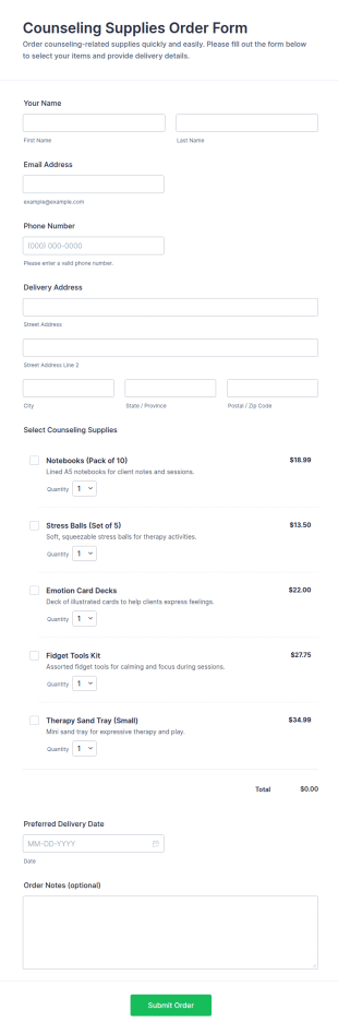 Counseling Supplies Order Form Template