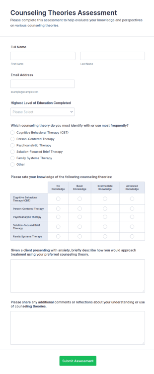Counseling Theories Assessment Form Template