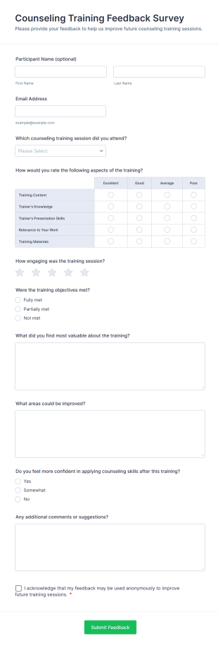 Counseling Training Feedback Survey Form Template