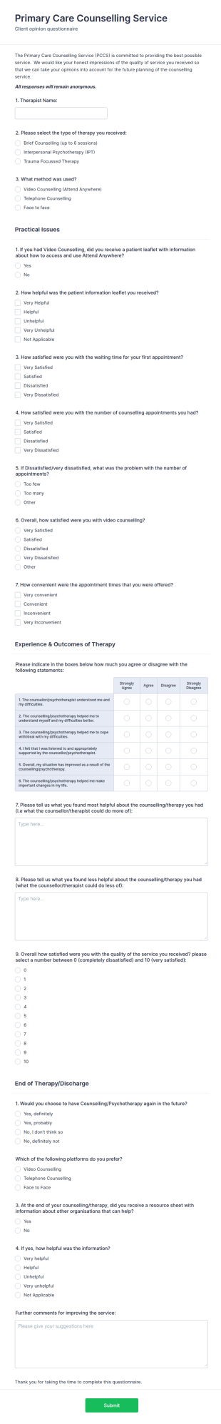 Counselling Client Opinion Questionnaire Form Template