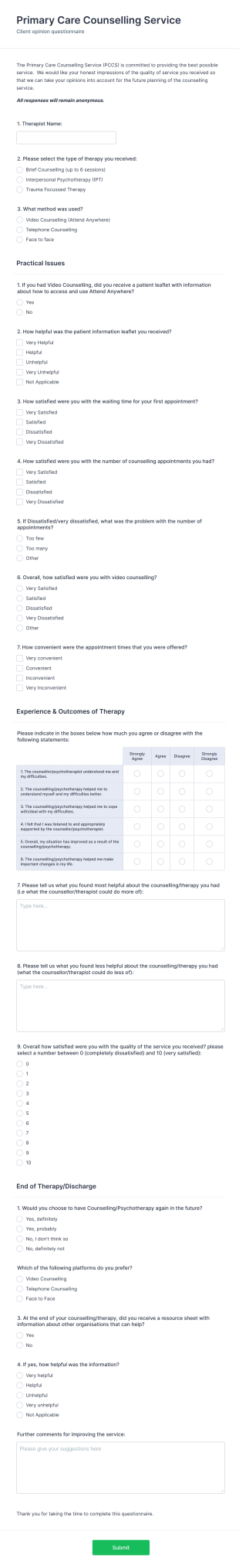 Counselling Client Opinion Questionnaire Form Template