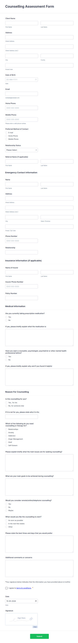 Counselling Initial Assessment Form Template