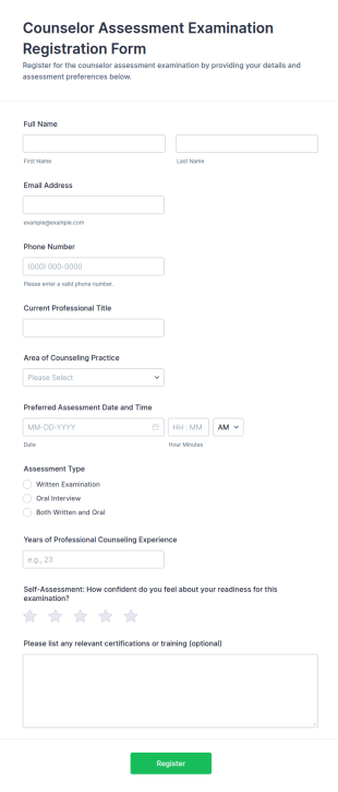 Counselor Assessment Examination Registration Form Template