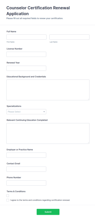 Counselor Certification Renewal Application Form Template