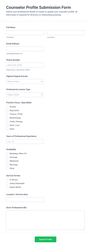 Counselor Profile Submission Form Template